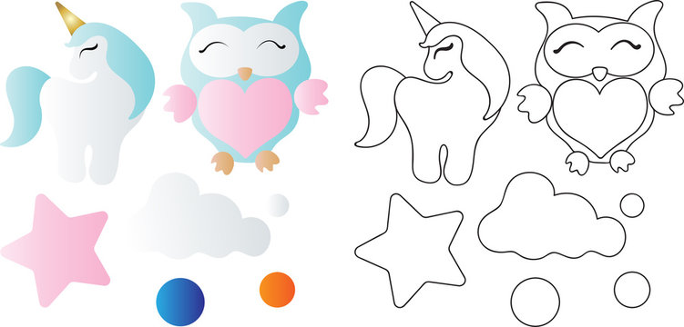 cartoon cute toy owl, unicorn, cloud and star