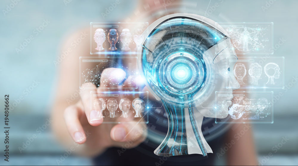 Poster businesswoman using digital artificial intelligence interface 3d rendering