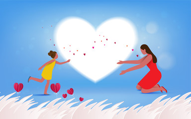Fototapeta na wymiar Happy mother's day. Mom and her daughter child are playing, smiling on heart background. Family holiday and togetherness. Vector illustratoin
