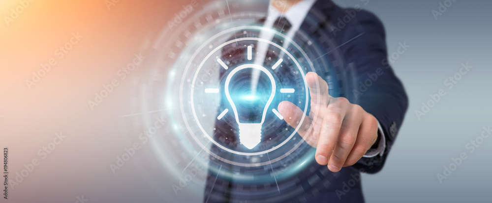 Aufkleber Businessman using lightbulb idea interface 3D rendering