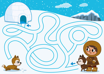 Can you help the eskimo for find his igloo house? (Vector illustration) - obrazy, fototapety, plakaty