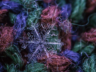 Beautiful detail of a snowflake, a single ice crystal in Paris winter, falls through the Earth's...