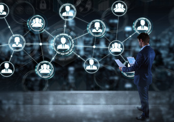 Businessman watching social network connections on a rooftop 3D rendering