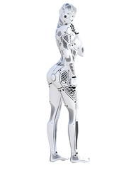 Robot woman. White metal droid. Android girl. Artificial Intelligence. Conceptual fashion art. Realistic 3D render illustration. Studio, isolate, high key.