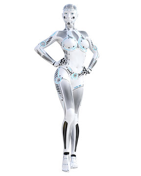 Robot woman. White metal droid. Android girl. Artificial Intelligence. Conceptual fashion art. Realistic 3D render illustration. Studio, isolate, high key.
