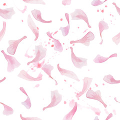 Hand drawn watercolor romantic pink sakura petals and splashes.