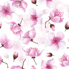 Hand drawn watercolor romantic seamless pattern with pink sakura flowers.