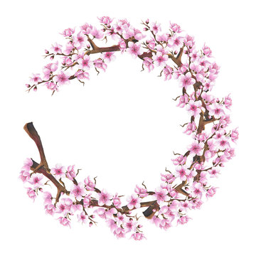 Hand drawn watercolor romantic wreath with pink sakura flowers.