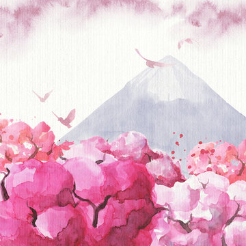 Hand drawn watercolor Japanese landscape consisting of sakura trees, mount Fuji and silhouettes of birds. Ready card/poster.