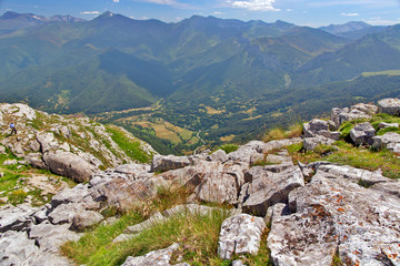View of mountain and the valley of the village at Fuente de Piedra, Picos de Europa National Park, Cantabria, Spain