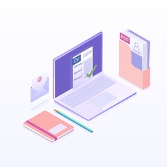 Searching professional staff, work, analyzing resume. Job interview and recruitment business concept. Isometric flat vecyor icon