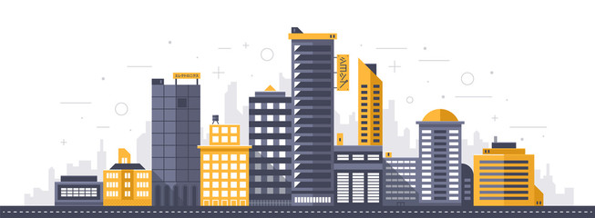 City illustration. Towers and buildings in modern flat style on white background - 194810864