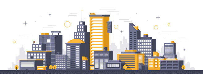 City illustration. Towers and buildings in modern flat style on white background