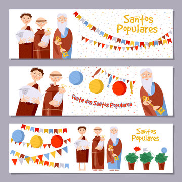 Set of 3 universal horizontal banners for Portuguese festival “Santos Populares” ( Popular Saints’ ). Template.