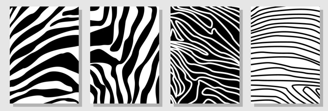 Set of A4 covers with expressive zebra pattern. Template for cards, banners, posters. 