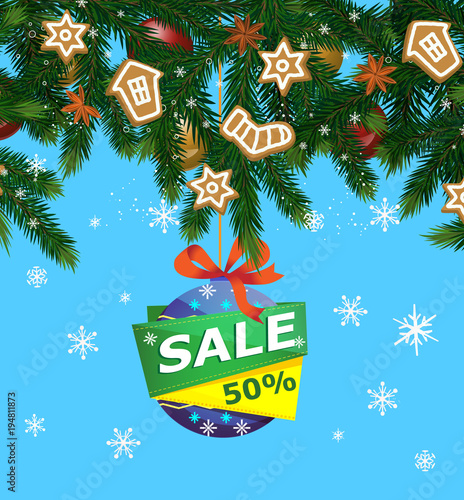 Christmas Sale Advertising With Tree Branches On Snowy Background Retail Marketing Promo Season Christmas Sale Advertising With Tree Branches On Snowy Background Retail Marketing Promo Season
