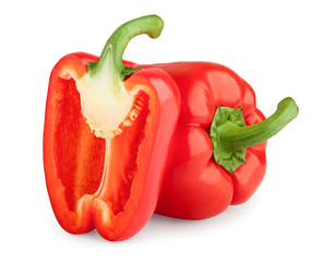 two red sweet pepper, paprika, clipping path, isolated on white background, full depth of field