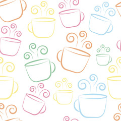 Cute colorful coffee cup seamless pattern on white background