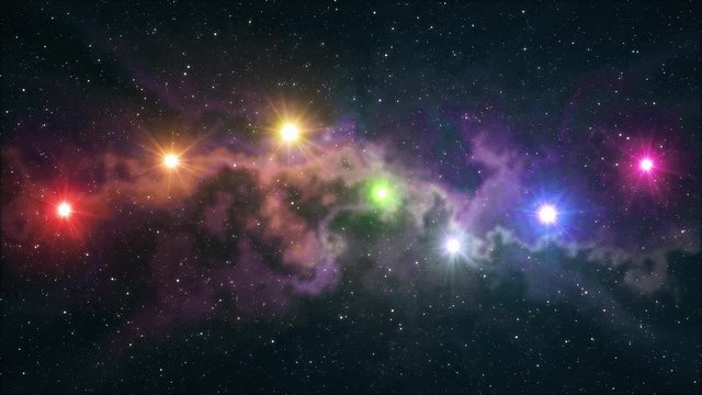 seven rainbow colored stars flickering shine in soft moving nebula night sky animation background new quality nature scenic cool colorful nice light video footage