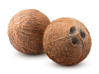 two coconuts whole, isolated on white background, clipping path, full depth of field