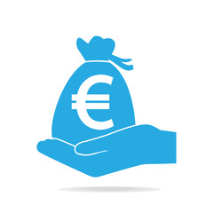 Bag money and Euro sign in hand icon. Protection, safety concept