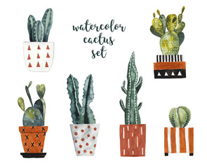 Watercolor cacti in decorative flowerpots on white isolated background