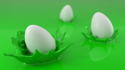 easter concepth with eggs falling to paint pool. 3d illustration