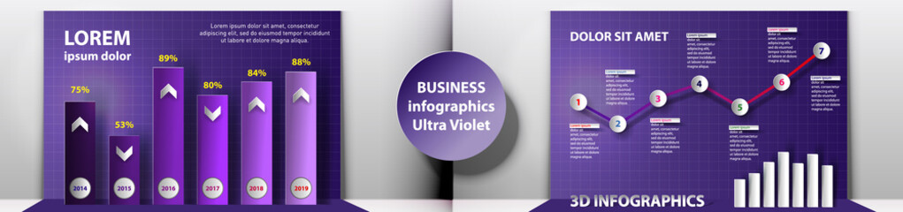 Ultra violet 3D graph and line graph templates, business infographics, vector eps10 illustration - obrazy, fototapety, plakaty