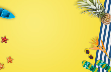 Summer vacation accessories with tropical palm leaves,  holidays abroad - summertime lifestyle objects in flat lay top view with copy space for you put your design