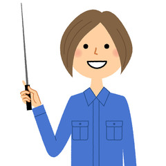 作業服の女性　指し棒