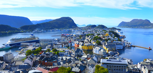 Cityscape of Alesund, Norway on a bright sunny day