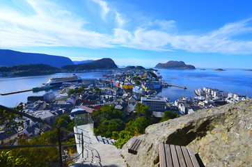 Cityscape of Alesund, Norway on a bright sunny day