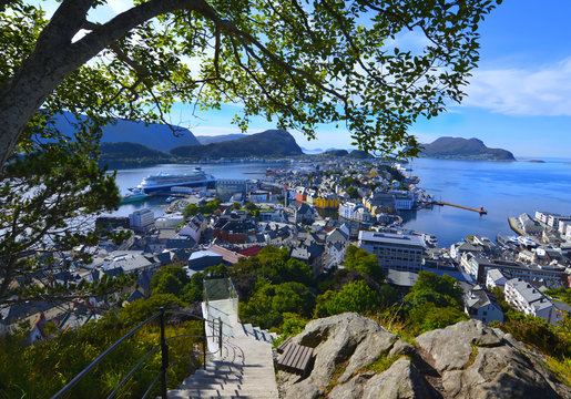 Cityscape of Alesund, Norway on a bright sunny day
