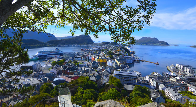 Cityscape of Alesund, Norway on a bright sunny day
