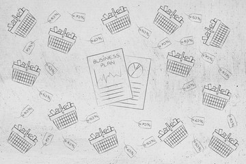 Obraz premium business plan documents surrounded by shopping baskets and sales tags