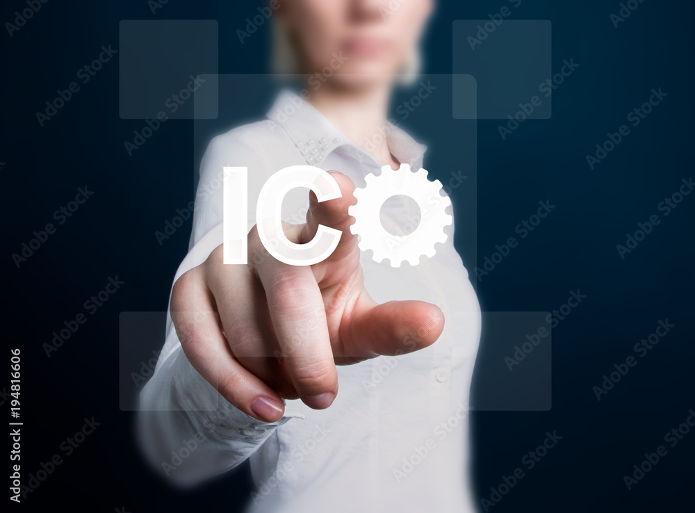 Poster businessman presses button ico initial coin offering gear engineering on virtual electronic user int