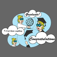 Congratulations graduate class of COMICS. Education graduation hat throw up. Class of card. Manwith globe earth get an education