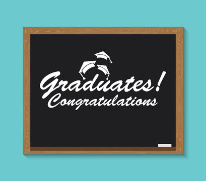 Congratulations graduate write on school blackboard. Education graduation hat throw up. Class of card