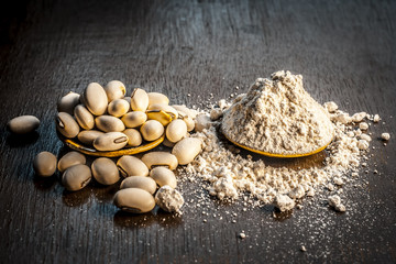 Close up of ayurvedic herb kuanch,cowhage,Mucuna pruriens with powder on a brown wooden surface in...