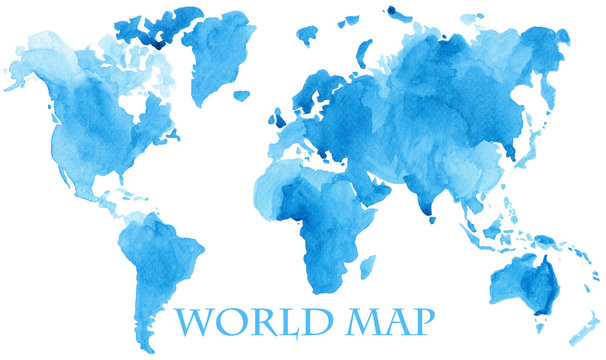 Watercolor illustration of world global map painted in blue ink color splash isolated on white background