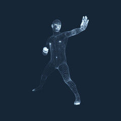 .Vector man with hand up to stop. Human showing stop gesture. 3D model of man. 3D vector illustration.