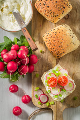 Healthy sandwich with crunchy bread, fromage cheese and radish