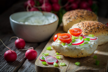 Healthy sandwich with fromage cheese and cherry tomatoes