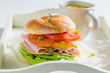 Delicious sandwich with tomatoes, cheese and ham