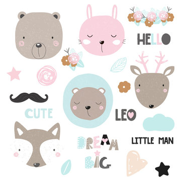 Set of cute animals, floral elements and slogans. Vector hand drawn illustration.
