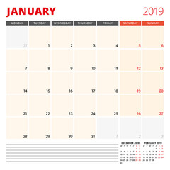 Calendar planner template for January 2019. Week starts on Monday. Vector illustration