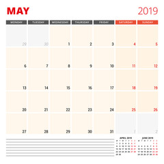 Calendar planner template for May 2019. Week starts on Monday. Vector illustration