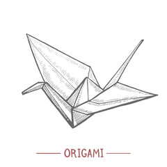 Origami. Paper Crane in Hand Drawn Style for Surface Design Fliers Prints Cards Banners. Vector Illustration