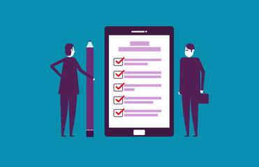Business people holding pen looking at completed checklist on smartphone. Vector illustration technology business concept.
