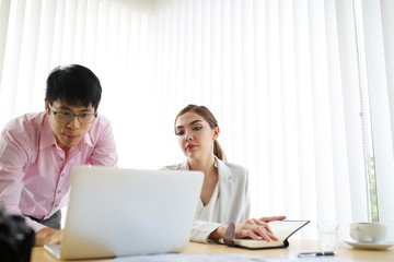 Happiness businessman and smart woman people group present explaining colleagues latest profit financial data in meeting room togetherness. Teamwork glad success job. good result profit.